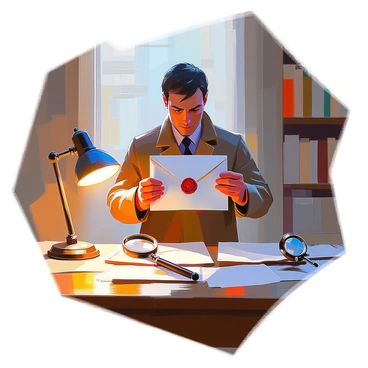 A detective with short, dark hair and wearing a long trench coat stands in a dimly lit office. He is holding a sealed white envelope, examining it closely. The envelope has a wax seal with an intricate design. The detective's facial expression reflects curiosity and concentration. On the desk in front of him, a flickering desk lamp casts soft shadows, illuminating scattered papers and an old-fashioned magnifying glass. The background includes shelves filled with books and a window partially covered by blinds, hinting at the time of day. Inside the envelope, a hint of a folded piece of paper can be seen, suggesting a cryptic message is waiting to be unraveled.