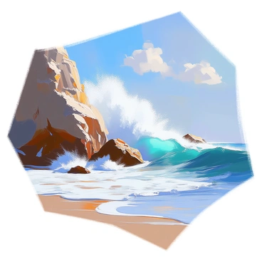 A dramatic view of crashing ocean waves on rocky cliffs during a sunny day.