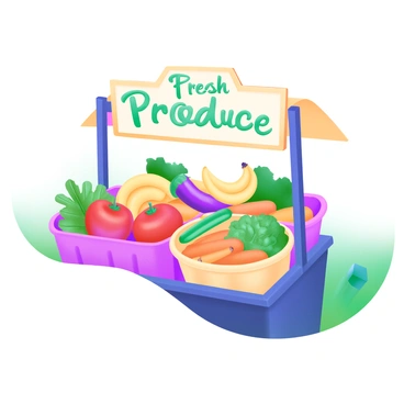 A modern pastel illustration of a vibrant market stall overflowing with an array of fresh fruits and vegetables. The stall is adorned with various baskets filled with bright red apples, yellow bananas, green cucumbers, and orange carrots. Tucked between the produce are bright purple eggplants and leafy green kale. Above the stall, a sign reads “Fresh Produce” in whimsical lettering. The background is filled with a simple hint of a sunny day, enhancing the colorful display.