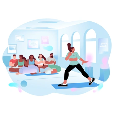 A fitness studio owner is demonstrating an exercise routine at the front of a brightly lit studio. The owner is dressed in athletic wear and is in an active pose, showcasing a specific exercise. In front of the owner, a small class of diverse individuals is following along, each wearing their own workout gear. The studio is equipped with various fitness equipment such as yoga mats, weights, and resistance bands. There are motivational posters on the walls, and large windows allow natural light to stream in, creating a vibrant atmosphere.