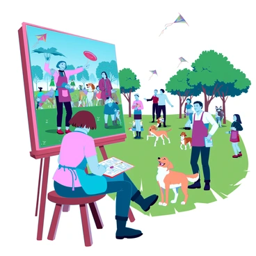 An artist sketching a bustling park scene surrounded by families and pets.
