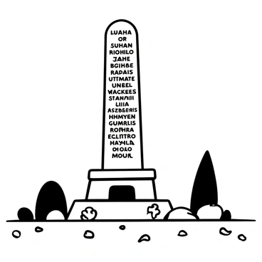 A towering stone monument with intricate engravings of names of martyrs is prominently displayed. The monument stands on a raised platform, surrounded by a well-maintained garden with neatly trimmed bushes. The sky above the monument is clear, emphasizing the height and majesty of the structure. On the ground, there are small, scattered stones that add texture to the scene. The engraved names are legible and arranged in orderly rows across the surface of the monument.