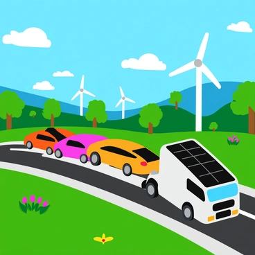 A futuristic solar-powered car transport truck with a sleek, aerodynamic design is driving on an eco-friendly highway. The truck features large solar panels on its roof that gleam in the sunlight. The highway is lined with green trees and colorful wildflowers, showcasing a vibrant ecosystem. There are wind turbines visible in the background, gently spinning in the breeze. The sky is bright blue with fluffy white clouds scattered throughout. The truck is transporting several shiny electric cars, each with modern designs and vibrant colors.