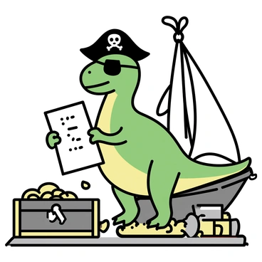 A T-Rex with green scales, wearing a black pirate hat adorned with a skull and crossbones, stands confidently on the wooden deck of a ship. The dinosaur's eye patch covers one eye, while it clutches a partially unrolled treasure map in its tiny arms. The ship features large sails billowing in the wind, and ropes hanging down from the mast. Surrounding the T-Rex are various pirate-themed elements, including barrels and a large treasure chest overflowing with gold coins. The scene captures the adventurous spirit of piracy on the high seas.