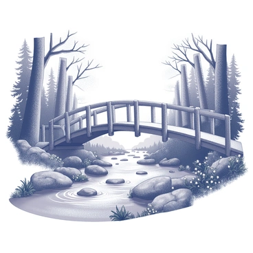 A wooden bridge arches gracefully over a bubbling brook. The bridge features sturdy beams and a rustic railing, seamlessly blending with the surrounding environment. On either side of the brook, dense woods are filled with tall trees, their trunks thick and gnarled. The foliage includes a variety of shapes and sizes, with leaves casting intricate shadows on the ground. The water in the brook flows energetically, creating ripples and small splashes as it navigates over smooth stones along its path. Small wildflowers and ferns grow at the edges of the brook, adding texture to the landscape. The overall scene conveys a sense of tranquility and natural beauty.