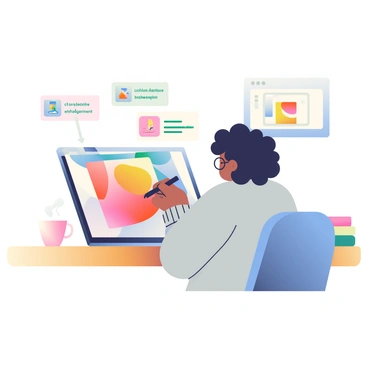 An illustrator working on a tablet with an AI tool that suggests creative enhancements.