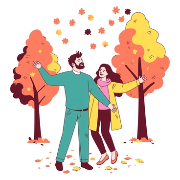 A couple is playfully throwing orange and yellow autumn leaves into the air in a park. The man is wearing a teal sweater and jeans, while the woman is dressed in a yellow coat and a pink scarf. Around them, vibrant trees are showcasing a variety of orange and yellow leaves, some gently falling to the ground. The ground is covered with a carpet of orange and yellow leaves, creating a colorful scene. The couple is smiling, with their arms outstretched as they enjoy their fun moment together.