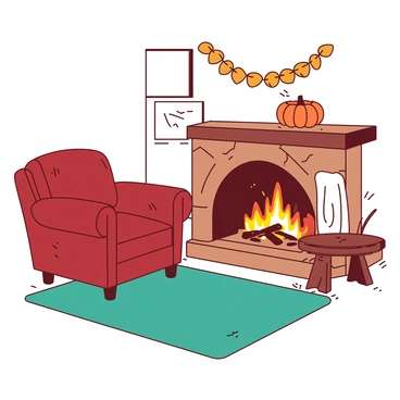 A warm living room features a crackling fireplace with orange flames dancing inside a stone hearth. Next to the fireplace, a comfortable chair upholstered in deep red fabric is invitingly positioned. A soft white blanket is draped over the arm of the chair, ready for use. Surrounding the room, there are touches of autumn decor, including a small orange pumpkin sitting on a wooden coffee table and a garland of yellow leaves hanging on the wall. The floor is covered with a plush teal rug that adds to the cozy atmosphere.