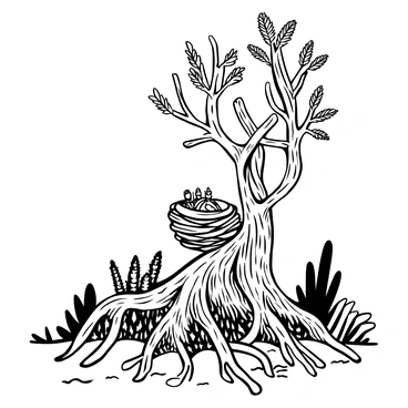 A detailed nest constructed with twigs and leaves is situated within the sprawling roots of a mangrove tree. The roots twist and turn, creating a natural cradle for the nest. Surrounding the nest, several ferns and aquatic plants grow abundantly, adding to the lush environment. The mangrove tree stands tall, with its intricate network of roots partially submerged in water, reflecting the texture of the bark above.