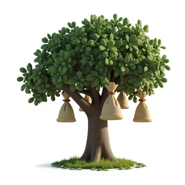 A large tree with a thick trunk and sprawling branches. The leaves are lush green and dense, providing shade. Hanging from the branches are several money bags made of burlap, each tied securely at the top with a rope. The bags are overflowing with coins, creating a sense of abundance. The ground beneath the tree is covered with grass and scattered leaves, enhancing the scene's richness. Sunlight filters through the leaves, casting dappled shadows on the ground.