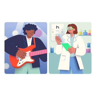 A split image of a musician playing an instrument and a scientist working in a lab