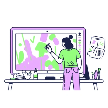 An artist is standing in front of a large touchscreen, focused on creating a digital painting. The artist has long hair tied back and is wearing a casual t-shirt and jeans. They hold a stylus in their right hand while their left hand gently assists in manipulating the screen. The touchscreen displays a colorful abstract composition in progress, with vibrant shapes and flowing lines. Next to the artist, a sketchbook lies open, displaying initial ideas and rough sketches. Behind them, a bright workspace is filled with art supplies such as paint tubes and brushes, creating an inspiring atmosphere for creativity.
