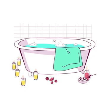 A relaxing bathtub scene illuminated by numerous scented candles