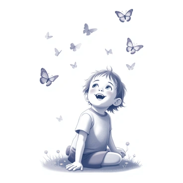 A young child is sitting on the ground, gazing upwards with a dreamy expression on their face. Surrounding the child is a swarm of butterflies in various sizes and shapes. The butterflies are gracefully fluttering around the child, creating a sense of movement. The child's hair is tousled, and their eyes are wide with wonder. The setting is a lush environment, with grass and a few flowers visible beneath them. The scene captures a moment of joyful innocence and fascination with nature.