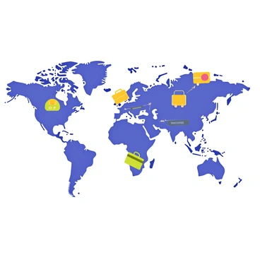 A world map with a variety of e-commerce icons placed across different countries. The map is outlined in blue, with each country distinctly colored. Various icons, such as shopping carts, credit cards, and delivery trucks, are connected by dotted lines representing trade routes. The icons vary in color and size, adding vibrancy to the map, while labels with "E-commerce" are placed near the icons to indicate their significance.