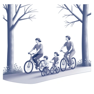 A family of four riding bicycles along a scenic path. The adults are on larger bikes, while two children ride smaller bicycles, laughing and having fun. The path is flanked by tall trees with detailed bark and numerous branches. Various flowers can be seen blooming on either side of the path, adding texture and depth to the scene. The family members are wearing helmets and casual clothing, enjoying their time together in this natural setting.