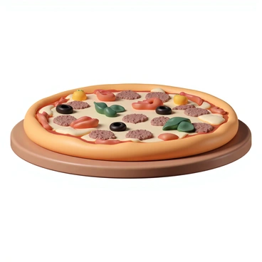 A round pizza with a golden-brown crust is placed on a wooden pizza board. The pizza is generously topped with melted cheese, glistening under the light. Ground beef is spread evenly across the surface, accompanied by colorful vegetables, including bright red bell peppers, green bell peppers, and sliced black olives. The vegetables add a vibrant contrast to the beef and cheese, while the edges of the crust are slightly crispy and inviting.