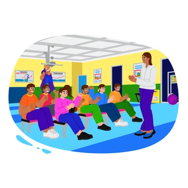 A group of students in a school gymnasium are learning the "seated row" exercise. Each student is sitting on a padded bench, holding onto a resistance band or cable attached to a pulley system. The students are focused on their posture, with their backs straight and arms extended forward. The gym is brightly lit, featuring colorful exercise equipment in the background. A physical education teacher is demonstrating the exercise at the front of the class, providing guidance to the students. The floor is covered with rubber mats, and motivational posters are displayed on the walls.