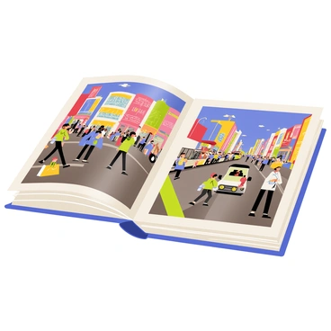 A modern photo album with a glossy cover featuring a vibrant city street scene. The album showcases various images of bustling crowds walking along the sidewalk, some holding shopping bags. Bright neon signs and storefronts line the street, while cars and buses navigate the busy road. A street performer can be seen entertaining passersby, adding to the lively atmosphere. The sky is clear blue, contrasting with the colorful building facades. The album has an open page displaying a collage of these dynamic city moments.