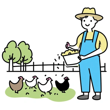 A farmer, wearing a straw hat and blue overalls, stands in a yard filled with green grass. He is holding a metal bucket filled with grain, pouring it onto the ground. A flock of chickens, in various shades of white, brown, and black, eagerly gathers around the scattered grain. Each chicken is depicted with distinct features, such as fluffy feathers and a small red comb on their heads. In the background, there are a couple of trees providing shade, and a rustic wooden fence encloses the yard.