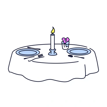 A single white candle with a slender body stands upright in a simple glass holder. The candle is lit, and a warm yellow flame flickers gently, casting soft light over the surrounding area. The dinner table is set for two, featuring a plain white tablecloth draping down the sides. On the table, there are two matching plates, each with a light blue rim. Two forks are placed to the left of the plates, and two napkins are neatly folded beside the forks. A small vase with a single flower adds a touch of elegance to the setting. The overall arrangement conveys a cozy and intimate dining atmosphere.