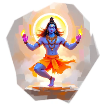 Shiva, depicted with blue skin, is energetically performing the Tandava dance with a dynamic posture. His multiple arms are gracefully extended, showcasing intricate mudras. The expression on his face reveals intense focus and energy. Surrounding him is a bright ring of fire, flickering and casting warm light that illuminates his figure. His long, flowing hair is wild and billowing as if caught in a strong wind. The background suggests a spiritual atmosphere, enhancing the vibrant motion of his dance.
