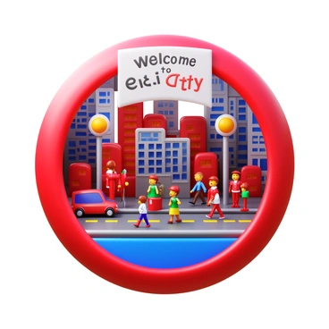 A cityscape inside a vein filled with red blood cells depicted as citizens. The red blood cells are walking along streets made of plasma, dressed in miniature outfits resembling everyday clothing. There are buildings shaped like various organs, with some cells commuting in tiny vehicles designed to resemble platelets. The environment is vibrant, showcasing various activities, such as blood cells chatting on street corners and others carrying oxygen parcels. "Welcome to Cell City" is visible on a banner hanging over one of the main avenues.