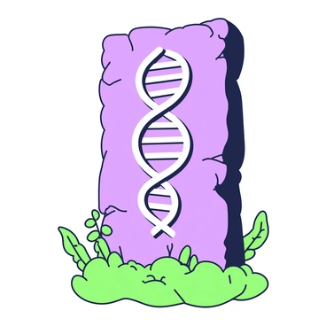 An ancient stone tablet is positioned upright on a moss-covered pedestal. The tablet has a rugged, weathered surface, exhibiting cracks and chips that indicate its age. Intricate DNA patterns are carved into the tablet's surface, spiraling elegantly across the stone. These patterns have a three-dimensional quality, casting subtle shadows on the tablet. Surrounding the tablet, small ferns and lichen add a touch of natural detail to the scene. The background is softly blurred, focusing attention on the ancient relic.