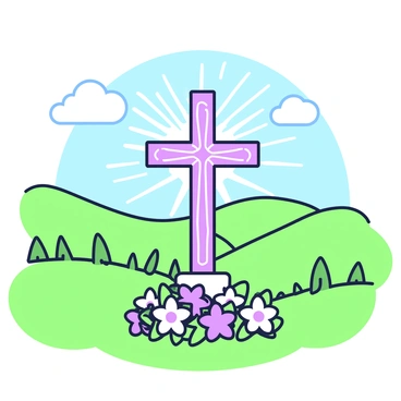 A glowing cross stands tall in the center of a lush valley. The cross is made of an intricate design with visible carvings. Around the base of the cross, vibrant flowers bloom, adding detail to the scene. The valley is surrounded by gently sloping hills covered in dense greenery. In the background, a clear blue sky stretches above, with a few fluffy clouds drifting lazily. Rays of light emanate from the cross, illuminating the area around it and creating a serene focal point in the valley.