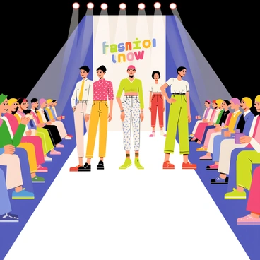 An old-school fashion show with models wearing retro outfits on the runway