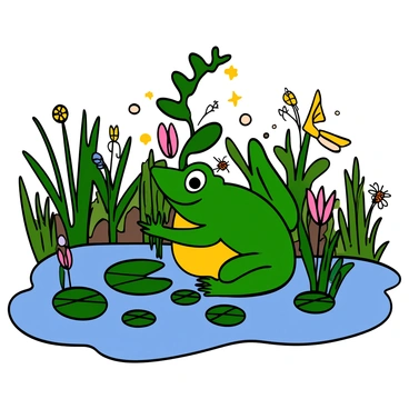 A bullfrog with bright green skin and large, bulging eyes is sitting among a miniature garden filled with various water plants. The garden includes small lily pads, delicate reeds, and tiny colorful flowers. The bullfrog is using its front legs to gently rearrange a water lily, while a few small insects buzz around nearby. Sunlight filters through the leaves above, casting playful shadows on the water's surface. The background features a soft blur of more greenery, emphasizing the tranquil scene.