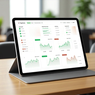 A tablet screen showcasing an organized stock portfolio with multiple graphs and charts. The portfolio includes various stocks represented with green and red indicators showing their performance. There are clear labels and numerical values for each stock, outlining the current prices and percentage changes. The background of the tablet screen is sleek and modern, with a minimalist design that enhances the information displayed. The tablet is placed on a wooden desk with a blurred office environment in the background.
