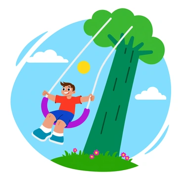 A cartoon boy with short brown hair is swinging joyfully on a tire swing. The tire swing is securely hanging from a tall green tree with a thick trunk. The boy is wearing a bright red t-shirt and blue shorts, and his arms are stretched out wide as he smiles. The sun is shining brightly in the background, and there are fluffy white clouds scattered across the blue sky. Colorful flowers and green grass can be seen at the base of the tree, adding to the cheerful atmosphere.