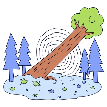 A tall tree is shown tipping over in a dense forest. The trunk of the tree is thick and textured, with rough bark and green leaves still clinging to its branches. As the tree falls, concentric sound waves are illustrated radiating outward from its base, creating visual ripples that disrupt the surrounding trees. The nearby trees are depicted with varying heights and shapes, their leaves fluttering slightly as if reacting to the disturbance. The forest floor is covered with a mix of fallen leaves and small plants.