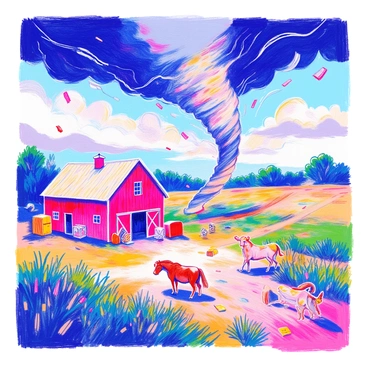 A tornado is touching down on a farm, with its dark, swirling funnel descending towards the ground. The farm includes a red barn with a white roof, surrounded by green fields and a few scattered hay bales. Debris, such as pieces of wood and metal, is caught in the powerful winds, swirling around the base of the tornado. The sky is filled with dark gray clouds, hinting at the stormy weather. In the foreground, there are a few frightened animals, such as a horse and a cow, taking shelter near the barn, while the wind bends the tall grasses in the fields.