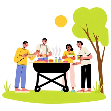 A joyful family gathered around a large grill in a backyard. The grill is black with smoke rising from it, and it is surrounded by a variety of colorful food items, including burgers, hot dogs, and vegetables. The family consists of four members: a smiling father flipping burgers, a cheerful mother setting the table with colorful plates, a young girl holding a bowl of salad, and a teenage boy laughing and pouring drinks. Bright green grass covers the ground, and a large tree provides shade nearby. The sky is clear with a bright sun shining down, creating a warm atmosphere.
