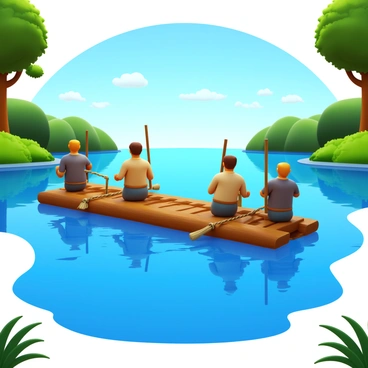 Mier y Teran's expedition crossing a wide river on a makeshift raft. The raft is constructed from logs and tied together with rope, floating steadily on the water. Several men from the expedition are aboard, wearing period-appropriate clothing, such as cotton shirts and trousers. They are using long poles to navigate the raft across the river's current. Surrounding the riverbank, lush vegetation and trees frame the scene, while the water reflects the blue sky above with a few scattered clouds.