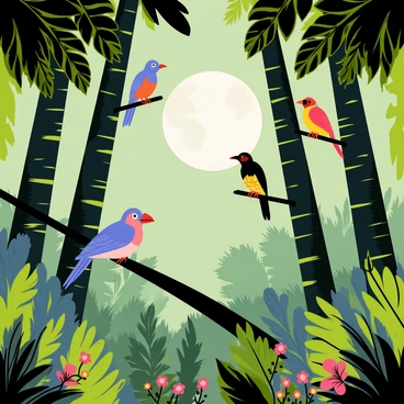 A tropical forest illuminated by soft moonlight. Tall, lush green trees with broad leaves create a canopy overhead. Various nocturnal birds are perched quietly on the branches, showcasing their vibrant plumage. One bird with bright blue feathers sits on a low branch, while another with striking red and yellow patterns rests nearby. The ground is covered with ferns and small flowers, adding to the rich vegetation. The moon casts a gentle glow, creating a magical atmosphere in the peaceful forest scene.