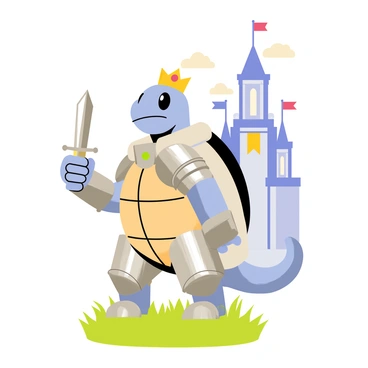 A heroic Squirtle dressed as a knight, featuring shining silver armor covering its shell and limbs. The Squirtle is wearing a golden crown adorned with colorful jewels on its head. It stands tall with a determined expression, holding a small sword in one flipper. In the background, there is a grand castle with tall towers and a colorful banner fluttering in the breeze. The sky above is bright with fluffy clouds. Vibrant green grass surrounds the base of the castle, completing the scene.