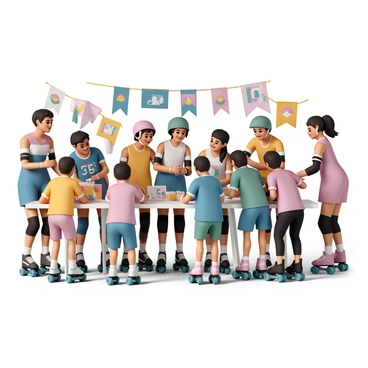 A roller derby team stands together in their vibrant uniforms, each adorned with unique designs and numbers. They are gathered around a long table, smiling and interacting with enthusiastic fans. Several team members hold markers, eagerly signing colorful posters and skateboards. The fans, a mix of children and adults, are leaning over the table, excitedly chatting and taking photos. The atmosphere is lively, with the backdrop featuring banners and memorabilia from the recent match, showcasing the team's logo and colors. Each team member has a distinct hairstyle, and their skates are visibly worn from the match.