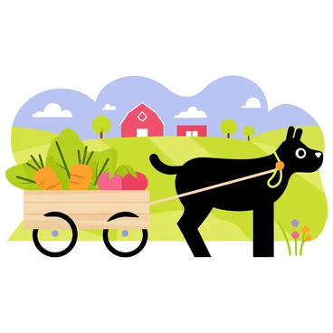 A strong Nandi with glossy black fur is pulling a wooden cart filled with an assortment of fresh vegetables, including bright orange carrots, leafy green spinach, and ripe red tomatoes. The cart has sturdy wheels and is decorated with colorful patterns. The scene is set on a sunny farm, with a clear blue sky and a few fluffy white clouds overhead. Surrounding the farm are lush green fields, dotted with occasional flowers, and a distant red barn is visible in the background.