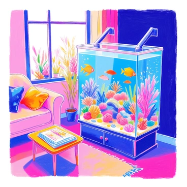 An exotic fish tank is situated in a cozy living room. The tank is filled with colorful fish swimming gracefully among vibrant corals and underwater plants. The water inside the tank glows softly, illuminating the surrounding area with a gentle light. Next to the tank, there is a plush sofa with decorative cushions, and a wooden coffee table holding a few magazines. A window in the background lets in natural light, and a small rug is laid out on the floor.