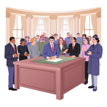 A historic scene depicting a group of politicians gathered around a large wooden table in an ornate government building. The table is covered with a green felt cloth, and a significant document is placed prominently in the center. Politicians of diverse backgrounds are present, with one man in a navy suit and red tie holding a pen, poised to sign the legislation. Another politician, a woman in a grey dress, looks on with a smile, while a third man in a black suit gestures towards the document. The room features large windows with flowing curtains, and there are decorative gold accents on the walls. A group of onlookers, including media personnel with cameras, are positioned in the background, capturing the moment. The atmosphere is formal and significant, emphasizing the importance of the occasion.