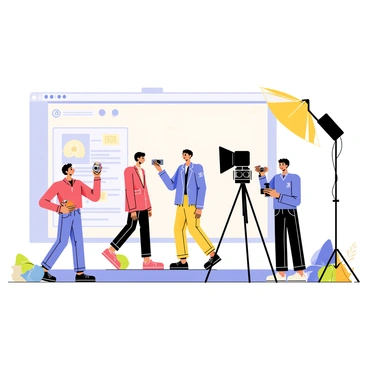 A group of three influencers positioned in a well-lit studio, each holding a camera while directing their focus toward a model. One influencer, wearing a red shirt, is operating a small handheld camera, capturing close-up shots. The second influencer, dressed in a blue jacket, stands behind a large tripod-mounted camera, adjusting the lens. The third influencer, in a stylish black outfit, is managing bright lighting equipment that illuminates the scene. Various colorful props are scattered around the studio, and a large screen displays social media graphics in the background. The atmosphere is energetic and dynamic, reflecting the process of creating engaging content.