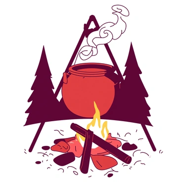 A red pot is hanging over a warm campfire, suspended by a sturdy black metal tripod. The flames flicker brightly beneath the pot, casting a glow on the surrounding area. Above the pot, wisps of steam are rising into the cool evening air, curling upwards as they dissipate. The ground is scattered with small rocks and twigs, and the silhouette of tall trees can be seen in the background against the twilight sky.