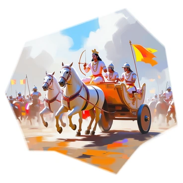 A historic battlefield scene featuring Krishna riding a magnificent chariot. The chariot is adorned with intricate decorations and pulled by powerful horses. Krishna, depicted with dark skin and a crown, holds a bow in one hand while guiding the horses with the other. The battlefield is filled with warriors in traditional armor, engaged in combat, with flags and banners waving in the background. The sky is filled with clouds, suggesting an intense atmosphere, while the ground is scattered with the remnants of battle.