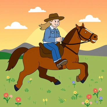 A young cowgirl with light brown hair tied in a ponytail, wearing a stylish cowboy hat and a denim jacket, is riding a chestnut horse with a shiny coat. The horse is galloping across a grassy prairie filled with patches of wildflowers in vibrant colors. The sun is setting in the background, casting warm golden and orange hues across the sky. Silhouettes of distant hills can be seen along the horizon, and a few fluffy clouds are illuminated by the sunset. The cowgirl has a confident expression as she enjoys the ride.