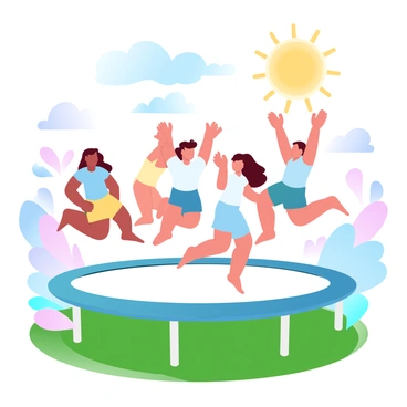 A group of children is jumping energetically on a colorful trampoline, surrounded by a vibrant green lawn in a sunny backyard. The trampoline is adorned with bright hues of blue, yellow, and red. The children are wearing various colorful outfits, with some in T-shirts and shorts, while others are in playful dresses. In the background, there are blooming flowers and a clear blue sky, emphasizing the cheerful atmosphere. A large sun is shining down, creating a warm and inviting scene.