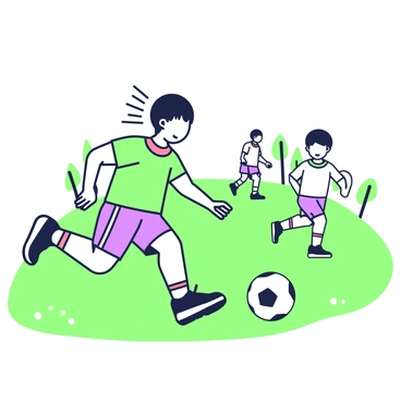 A child is playing sports on a grassy field, with a soccer ball nearby. The child has short hair and wears a bright athletic outfit, including a jersey and shorts. They are in motion, running towards the ball, with an excited expression on their face. In the background, there are other children also engaged in sports activities, along with a few trees lining the edges of the field. As the child plays, a visual representation of a pain point appears around their neck, indicated by a series of small radiating lines to suggest discomfort. This imagery symbolizes the developing cervical radiculopathy, illustrating the connection between the child's playful activity and the emerging pain.