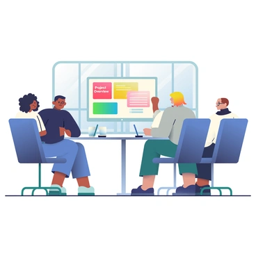 A diverse group of business people is sitting around a sleek, rectangular table in a modern conference room. There are four individuals: a woman with curly dark hair wearing a navy blazer, a man with short brown hair in a light gray suit, a woman with straight blonde hair dressed in a white blouse, and a man with glasses and a black turtleneck. They are all focused on a large screen at the front of the room displaying a colorful presentation titled "Project Overview." The table has a few notebooks, pens, and a glass of water in front of each person. Natural light is streaming in through large windows, illuminating the space with a bright atmosphere.